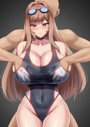 Rule 34 | 1boy, 1girl, absurdres, black one-piece swimsuit, breasts, breasts squeezed together, brown hair, collar, collarbone, covered navel, curvy, embarrassed, emp (denjipgre), goddess of victory: nikke, goggles, goggles on head, grabbing, grabbing another&#039;s breast, grabbing from behind, heart, hetero, highleg, highleg swimsuit, highres, huge breasts, long hair, one-piece swimsuit, rapi (classic vacation) (nikke), rapi (nikke), red eyes, shiny skin, swimsuit, water drop, wet, wide hips
