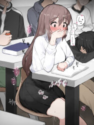 Rule 34 | 1girl, black skirt, blush, breath, brown hair, chair, classroom, covering own mouth, exhibitionism, highres, legs together, original, public indecency, pussy juice, remote control vibrator, sex toy, sitting, skirt, speech bubble, sweat, sweater, trembling, turtleneck, turtleneck sweater, vibrator, wararu (user uecx7457), white sweater