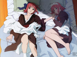 Rule 34 | 00s, 2girls, absurdres, barefoot, bed, breasts, cleavage, feet, holding hands, highres, hisui (tsukihime), incest, kohaku (tsukihime), lying, maid, multiple girls, siblings, sisters, toes, tsukihime, twins, yuri