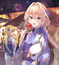Rule 34 | 2boys, 3girls, astolfo (fate), black bow, black eyes, blonde hair, blue eyes, blue flower, blue kimono, blush, bow, braid, brown hair, candy apple, fang, fate/apocrypha, fate (series), festival, fireworks, floating hair, floral print, flower, food, hair between eyes, hair bow, hair flower, hair intakes, hair ornament, highres, holding, holding food, holding stuffed toy, index finger raised, japanese clothes, jeanne d&#039;arc (fate), jeanne d&#039;arc (ruler) (fate), kimono, kusumoto touka, long hair, long sleeves, looking at viewer, market stall, multicolored hair, multiple boys, multiple girls, night, night sky, obi, open mouth, orange hair, outdoors, pink hair, purple eyes, sash, sidelocks, sieg (fate), single braid, sky, smile, stand, standing, streaked hair, stuffed animal, stuffed toy, summer festival, trap, tree, wide sleeves, yukata