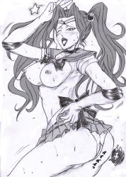 Rule 34 | 1girl, bishoujo senshi sailor moon, blush, breasts, breasts out, clothes lift, code geass, cornelia li britannia, cosplay, elbow gloves, female focus, gloves, long hair, megane001976, miniskirt, monochrome, nipples, one eye closed, open mouth, panties, pantyshot, sailor moon, sailor moon (cosplay), skirt, skirt lift, solo, sweat, twintails, underwear, v, wink