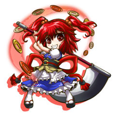 Rule 34 | 1girl, chibi, coin, grin, hair bobbles, hair ornament, kiki fushigi, looking at viewer, onozuka komachi, red eyes, red hair, scythe, short hair, simple background, smile, solo, touhou, twintails, two side up, white background