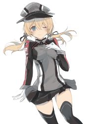 Rule 34 | 10s, 1girl, ;), bad id, bad pixiv id, blonde hair, blue eyes, gloves, hair between eyes, hair ornament, hand on own chest, hat, kantai collection, long hair, low twintails, one eye closed, peaked cap, prinz eugen (kancolle), skirt, smile, solo, twintails, uniform, yuzuno (801touhou), yuzuno (artist)