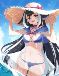 Rule 34 | 1girl, :d, absurdres, arm tattoo, bikini, black hair, blue bikini, blue choker, blue panties, breasts, chest tattoo, choker, cleavage, dress, eyebrows hidden by hair, facial tattoo, hat, highres, indie virtual youtuber, large breasts, leg tattoo, long hair, multicolored hair, navel, open mouth, orca girl, panties, purple eyes, see-through, see-through shirt, shylily, shylily (1st costume), smile, stone (ksorede), streaked hair, sun hat, sundress, swimsuit, tattoo, underwear, very long hair, virtual youtuber, water, white hair