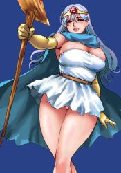 Rule 34 | 1girl, blue background, blue cape, breasts, bursting breasts, cape, cleavage, curvy, dragon quest, dragon quest iii, dress, elbow gloves, gloves, huge breasts, long hair, lowres, matoyama, oekaki, panties, pantyshot, red eyes, sage (dq3), silver hair, simple background, solo, staff, standing, taut clothes, taut dress, tiara, underwear, white dress, wide hips