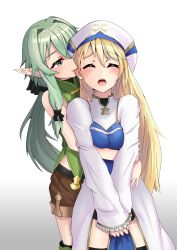Rule 34 | 10s, 2girls, absurdres, biting, blonde hair, blush, breast hold, breasts, covering privates, covering crotch, dress, ear biting, ear blush, elf, closed eyes, goblin slayer!, green eyes, green hair, half-closed eyes, hat, high elf archer (goblin slayer!), highres, hug, hug from behind, jtleeklm, long hair, long sleeves, medium breasts, multiple girls, open mouth, pointy ears, priestess (goblin slayer!), shorts, sleeveless, smile, standing, thighhighs, uncommon stimulation, yuri