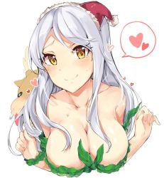Rule 34 | 1girl, blue hair, blush, breasts, character request, closed mouth, copyright request, hat, heart, large breasts, long hair, mini hat, nude, reindeer, santa hat, seaweed, simple background, smile, solo, speech bubble, spoken heart, sweat, tuxedo de cat, upper body, white background, yellow eyes
