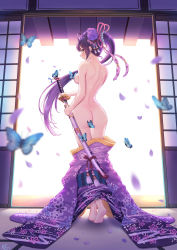 Rule 34 | 1girl, absurdres, animal print, artist name, ass, back, barefoot, blue butterfly, blush, breasts, bug, butt crack, butterfly, commentary request, convenient censoring, floral print, flower, full body, hair flower, hair ornament, highres, indoors, insect, japanese clothes, katana, ken-san, kimono, long hair, looking at viewer, looking back, medium breasts, naked kimono, nude, original, petals, ponytail, purple hair, shoulder blades, sliding doors, soles, solo, standing, sword, very long hair, warrior, weapon