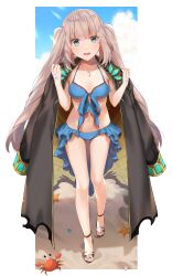 Rule 34 | 1girl, absurdres, arm strap, beach, bikini, black jacket, blue bikini, blue eyes, blue sky, borrowed clothes, breasts, bridal gauntlets, brown footwear, collarbone, crab, dot nose, fate/grand order, fate (series), flower, footwear flower, front-tie bikini top, front-tie top, full body, grey hair, halterneck, hands up, highres, jacket, jacket on shoulders, jewelry, light blush, light rays, lily (flower), long hair, looking at viewer, marie antoinette (fate), marie antoinette (fate/grand order), marie antoinette (swimsuit caster) (fate), marie antoinette (swimsuit caster) (third ascension) (fate), navel, necklace, open mouth, outdoors, pearl necklace, phi luna, sand, sandals, seashell, shell, sky, sleeve cuffs, small breasts, smile, solo, standing, starfish, sunbeam, sunlight, swimsuit, toes, twintails, two-sided fabric, two-sided jacket, walking, white bridal gauntlets, white lily