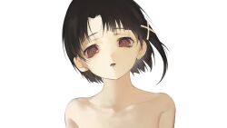 Rule 34 | 1girl, ame (amelovelio), bare shoulders, black hair, collarbone, expressionless, hair ornament, highres, iwakura lain, looking at viewer, open mouth, red eyes, serial experiments lain, short hair, simple background, single sidelock, solo, upper body, white background, x hair ornament