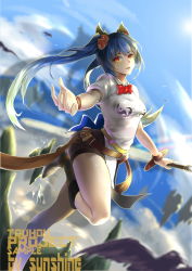 Rule 34 | 1girl, above clouds, absurdres, alternate costume, alternate hairstyle, artist name, backlighting, belt, bike shorts, bird, blue hair, blue sky, blurry, boots, bow, bracelet, breasts, cloud, copyright name, crow, day, depth of field, floating rock, flower, food, foreshortening, fruit, hair flower, hair ornament, highres, hinanawi tenshi, holding, holding sword, holding weapon, jewelry, knee boots, leg up, light trail, looking afar, mountain, open hand, orange eyes, parted lips, peach, perspective, rainbow, sample watermark, shirt, sky, small breasts, solo, standing, standing on one leg, sunlight, sunshine (1638509769), sword, thighs, touhou, twintails, watermark, weapon, white shirt