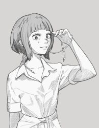 Rule 34 | 1girl, arm at side, blunt bangs, bob cut, boku no hero academia, clothes around waist, collarbone, collared shirt, commentary, dress shirt, earplugs, english commentary, facepaint, grey background, greyscale, hand up, highres, jirou kyouka, long earlobes, looking at viewer, monochrome, parted lips, shirt, shirt around waist, short hair, short sleeves, simple background, smaragdus, smile, solo, standing, upper body