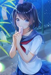 Rule 34 | 1girl, black hair, blue eyes, blue sailor collar, blue skirt, chain-link fence, commentary request, covering own mouth, fence, hair ornament, hairpin, holding, looking at viewer, miniskirt, mono lith, neckerchief, night, original, outdoors, pleated skirt, red neckerchief, sailor collar, school uniform, serafuku, shirt, short hair, short sleeves, skirt, solo, tanabata, tanzaku, white shirt