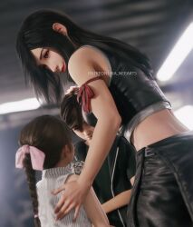 Rule 34 | 1boy, 2girls, 3d, apron, arm ribbon, artist name, bare shoulders, black apron, black hair, black shorts, black vest, blurry, blurry background, braid, braided ponytail, brown hair, child, crop top, denzel (ff7), earrings, family, final fantasy, final fantasy vii, final fantasy vii advent children, final fantasy vii remake, hair ribbon, highres, indoors, jewelry, long hair, looking at another, marlene wallace, multiple girls, pink ribbon, red eyes, red lips, red ribbon, ria-neearts, ribbon, shorts, single earring, sleeveless, sleeveless turtleneck, smile, square enix, sweater, swept bangs, tank top, teardrop earring, tifa lockhart, turtleneck, turtleneck sweater, vest, waist apron, white tank top