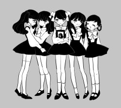 Rule 34 | 5girls, absurdres, black footwear, black hair, bow, check copyright, closed eyes, copyright request, drawing (object), full body, grey background, greyscale, highres, inata17ta, long hair, long sleeves, looking at viewer, monochrome, multiple girls, open mouth, original, shirt, shoes, simple background, smile, socks, standing, thighhighs, twintails, white bow, white shirt, yuri