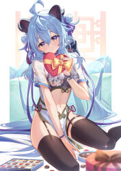 Rule 34 | 1girl, absurdres, ahoge, alternate hairstyle, bell, black thighhighs, blue hair, blush, bow, box, candy, chinese clothes, chocolate, chocolate heart, clothing cutout, food, ganyu (genshin impact), garter straps, genshin impact, heart, heart-shaped box, highres, horns, ktm, long hair, looking at viewer, navel, neck bell, purple eyes, sidelocks, sitting, smile, solo, stomach cutout, thighhighs, thighs, yokozuwari