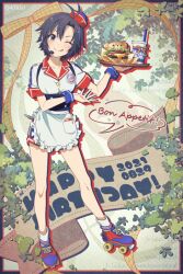 Rule 34 | 1girl, antenna hair, apron, bear, black corset, black eyes, black hair, blue wrist cuffs, blush, breasts, brown ribbon, burger, cheese, collarbone, corset, cup, disposable cup, dot nose, drinking straw, food, frilled apron, frills, full body, hands up, happy birthday, hat, headset, holding, holding tray, idolmaster, idolmaster (classic), idolmaster million live!, idolmaster million live! theater days, kikuchi makoto, lettuce, looking at viewer, meat, mini hat, mizu (47ssn), one eye closed, open hand, plant, red hat, ribbon, roller skates, shirt, short hair, short sleeves, shorts, skates, small breasts, smile, socks, solo, speech bubble, standing, striped clothes, striped socks, tomato, tomato slice, tongue, tongue out, tray, twitter username, two-tone footwear, vines, waist apron, white apron, white shirt, white socks, wrist cuffs
