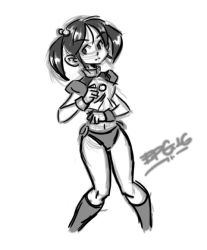 Rule 34 | 10s, 1girl, 2016, ana-chan, breasts, dated, erik96, fighting stance, hair bobbles, hair ornament, long hair, looking to the side, medium breasts, midriff, monochrome, navel, panties, puffy sleeves, shirt, short sleeves, sketch, socks, standing, twintails, underwear