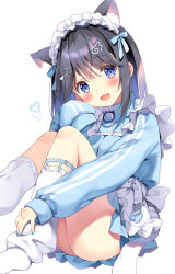 Rule 34 | 1girl, :d, animal ear fluff, animal ears, apron, black hair, blue bow, blue eyes, blue nails, blush, bow, cat ears, dress, feet out of frame, frilled apron, frills, hair ornament, hairclip, hugging own legs, knees up, long sleeves, looking at viewer, maid headdress, nail polish, open mouth, original, pan (mimi), puffy sleeves, simple background, sitting, sleeves past wrists, smile, socks, solo, white apron, white background, white socks