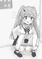 Rule 34 | 1girl, absurdres, bag, blush, censored, clothes pull, elevator, female pubic hair, highres, idolmaster, idolmaster shiny colors, open mouth, panties, panty pull, pantyhose, pantyhose pull, peeing, peeing in bag, pubic hair, pussy, ryupomu, solo, squatting, underwear