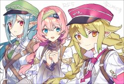 Rule 34 | 3girls, blonde hair, blue eyes, blue hair, blush, braid, braided ponytail, closed mouth, collared shirt, commentary, elf, frown, green headwear, green necktie, hair between eyes, hairband, hands up, hat, karisa (nbsdashi284), livia (rune factory), long hair, long sleeves, looking at viewer, multiple girls, necktie, open mouth, own hands together, peaked cap, pink hair, pointy ears, ponytail, priscilla (rune factory), red eyes, red headwear, red necktie, rune factory, rune factory 5, scarlett (rune factory), shirt, shoulder pads, smile, symbol-only commentary, twin braids, upper body, white shirt, yellow eyes