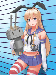 Rule 34 | 10s, 1girl, :3, against wall, anchor hair ornament, blonde hair, blue eyes, blue skirt, blush, carrying, elbow gloves, gloves, hair ornament, hairband, highres, kantai collection, long hair, looking at viewer, navel, raseruta, rensouhou-chan, shimakaze (kancolle), skirt, striped clothes, striped thighhighs, thighhighs, white gloves