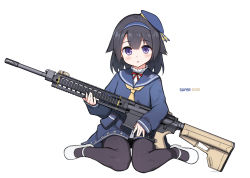 Rule 34 | 1girl, aged down, black hair, black pantyhose, blue hairband, blue hat, blue sailor collar, blue shirt, blue skirt, bow, character name, full body, girls&#039; frontline, gun, hagi (ame hagi), hair flaps, hairband, hat, highres, looking at viewer, name connection, neckerchief, object namesake, open mouth, pantyhose, purple eyes, red bow, sailor collar, shirt, shoes, short hair, simple background, sitting, skirt, smile, solo, super sass, super sass (girls&#039; frontline), teeth, wariza, weapon, white background, white footwear, yellow neckerchief