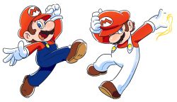 Rule 34 | 2boys, alternate costume, blue eyes, blue overalls, boots, brown hair, clenched hand, drawloverlala, fire, fire mario, gloves, hand on headwear, hand up, jumping, looking at viewer, male focus, mario, mario (series), multiple boys, multiple views, nintendo, overalls, red shirt, shirt, simple background, white background, white gloves, white overalls