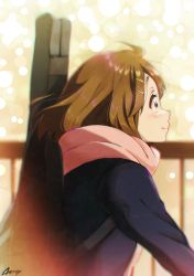 Rule 34 | 1girl, blue jacket, blurry, blush, bokeh, brown eyes, brown hair, closed mouth, commentary request, depth of field, from side, guitar case, hair ornament, hairclip, highres, hirasawa yui, instrument case, jacket, k-on!, lens flare, long sleeves, looking afar, outdoors, pink scarf, scarf, short hair, signature, smile, solo, upper body, verse