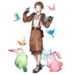 Rule 34 | 1boy, belt, bird, book, boots, brown hair, rabbit, closed eyes, full body, gloves, jewelry, male focus, necklace, noel chandler, official art, pointy ears, solo, star ocean, star ocean anamnesis, star ocean the second story, transparent background