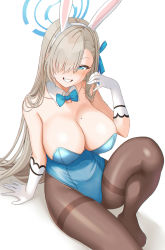 Rule 34 | 1girl, animal ears, asuna (blue archive), asuna (bunny) (blue archive), bare shoulders, blue archive, blue eyes, blue leotard, blush, bow, bowtie, breasts, brown pantyhose, cleavage, detached collar, elbow gloves, extra ears, fake animal ears, gatchapowa, gloves, grin, hair over one eye, halo, highleg, highleg leotard, highres, large breasts, leotard, light brown hair, long hair, looking at viewer, mole, mole on breast, pantyhose, playboy bunny, rabbit ears, smile, solo, strapless, strapless leotard, traditional bowtie, white gloves
