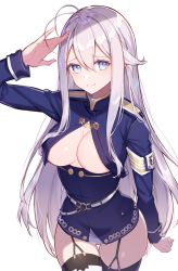 Rule 34 | 1girl, 86 -eightysix-, absurdres, ahoge, arm at side, arm up, belt, blue eyes, breasts, cleavage, closed mouth, garter straps, hair between eyes, highres, insignia, long hair, looking at viewer, medium breasts, military, military uniform, no pants, o-ring, o-ring belt, open clothes, open shirt, raised eyebrows, revision, rikoma, salute, sidelocks, simple background, skindentation, smile, solo, thigh gap, thighhighs, thighs, underboob, uniform, very long hair, vladilena millize, white background, white belt, white hair