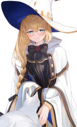 Rule 34 | 1girl, black dress, blonde hair, blue eyes, bow, bowtie, braid, breasts, brooch, cat, cloak, dress, fate/grand order, fate (series), glasses, gold trim, hat, highres, jewelry, koyo akio, long hair, long sleeves, looking at viewer, medium breasts, round eyewear, side ponytail, smile, squatting, aesc (fate), two-tone dress, white cloak, white dress, white hat, wide sleeves, witch hat