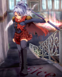 Rule 34 | blue eyes, boots, breasts, cape, final fantasy, final fantasy type-0, ponytail, sice (fft-0), silver hair, skirt, thighhighs