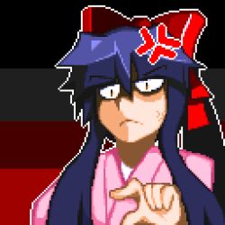Rule 34 | 1girl, anger vein, angry, artist request, blue hair, brown eyes, constricted pupils, hair ribbon, long hair, looking at viewer, pixel art, pointing, pointing at viewer, ponytail, ribbon, sakura taisen, sega, shaded face, shinguuji sakura, solo, source request, wide-eyed