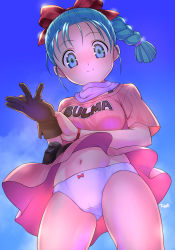 Rule 34 | 1girl, blue eyes, blue hair, bow, braid, breasts, bulma, cameltoe, day, dragon ball, dragon ball (classic), dress, female focus, gloves, hair bow, highres, hime hachi, looking at viewer, medium breasts, navel, panties, red bow, smile, solo, underwear, white panties