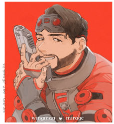 Rule 34 | apex legends, b3 wingman, border, brown eyes, brown hair, character name, dated, facial hair, fingerless gloves, gloves, goatee, goggles, goggles on head, green jacket, grey gloves, grey jacket, gun, handgun, holding, holding gun, holding weapon, jacket, leaning forward, looking at viewer, male focus, mirage (apex legends), mudu, multicolored clothes, multicolored jacket, portrait, red background, red jacket, revolver, smile, the prestige mirage, twitter username, two-tone jacket, weapon, white border