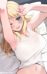 Rule 34 | 1girl, armpits, arms up, artist name, bare arms, bare shoulders, blonde hair, blue eyes, blush, breasts, commentary request, hachimiya meguru, hair flaps, highres, idolmaster, idolmaster shiny colors, large breasts, looking at viewer, lying, midriff, navel, on back, one eye closed, open mouth, pyonsan, smile, solo, tank top, white tank top