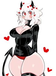 Rule 34 | 1girl, black horns, black sweater, black tail, blush, breasts, cleavage, curvy, demon girl, demon horns, demon tail, heart, heart-shaped pupils, helltaker, horns, large breasts, modeus (helltaker), panties, red eyes, red panties, ribbed sweater, solo, standing, sweater, symbol-shaped pupils, tail, thick thighs, thighs, underwear, usa37107692, white background, white hair, wide hips