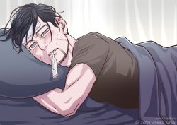 Rule 34 | 1boy, alternate hairstyle, bed sheet, black eyes, black hair, black shirt, blush, cold pack, curtains, decoy00xx, digital thermometer, facial hair, facial scar, goatee, golden kamuy, hair strand, looking at viewer, male focus, messy hair, ogata hyakunosuke, pillow, scar, scar on cheek, scar on face, shirt, short hair, short sleeves, sick, solo, stubble, sweat, thermometer, undercut