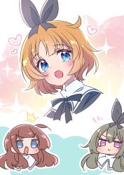 Rule 34 | &gt;:), 3girls, ^^^, ahoge, aqua background, assault lily, black bow, black ribbon, blue eyes, blunt bangs, blush, borrowed accessory, bow, brown hair, chibi, commentary request, cropped shoulders, futagawa fumi, gradient background, green hair, hair bow, heart, honkawa works, kaede johan nouvel, long hair, looking at viewer, low twintails, multicolored background, multiple girls, neck ribbon, no pupils, notice lines, open mouth, orange hair, pink background, purple eyes, ribbon, school uniform, short hair, smile, sparkle, twintails, v-shaped eyebrows, wavy mouth, white background, yamanashi hibari, yellow background, yurigaoka girls academy school uniform