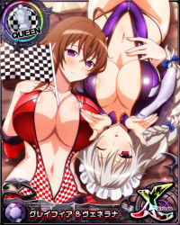 Rule 34 | 2girls, blue bow, bow, breasts, brown hair, card (medium), checkered flag, chess piece, cleavage, female focus, flag, grayfia lucifuge, grey hair, hair bow, high school dxd, large breasts, long hair, looking at viewer, maid headdress, mature female, multiple girls, navel, official art, one eye closed, purple eyes, queen (chess), race queen, red eyes, revealing clothes, smile, trait connection, venelana gremory, wink