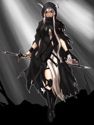 Rule 34 | 1girl, arknights, bandaged hand, black cloak, black dress, black footwear, boots, breasts, brown eyes, cloak, closed mouth, commentary, demon horns, dress, english commentary, expressionless, eyelashes, full body, grey background, hair between eyes, highres, hood, hooded cloak, horns, jewelry, knee boots, knee pads, light rays, lim aya w, long hair, looking to the side, medium breasts, necklace, shining (arknights), solo, sword, thigh strap, thighs, torn cloak, torn clothes, two-tone dress, weapon, white dress, wrist wrap, wristband