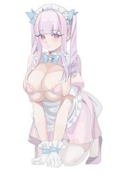 Rule 34 | 1girl, absurdres, apron, areola slip, azur lane, blunt bangs, blush, breasts, dress, gloves, highres, huge breasts, kneeling, large areolae, long hair, looking at viewer, maid, maid apron, maid headdress, plymouth (azur lane), puffy short sleeves, puffy sleeves, purple eyes, purple hair, short sleeves, solo, thighhighs, tnr (horiko1525)