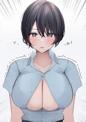 Rule 34 | 1girl, @ @, absurdres, arms at sides, black hair, blue eyes, blush, breasts, bursting breasts, cleavage, collared shirt, emphasis lines, grey background, hair between eyes, highres, large breasts, looking at viewer, mole, mole under eye, no bra, office lady, oji fuguri, open mouth, original, popped button, shirt, shirt tucked in, short hair, short sleeves, simple background, solo, straight-on, trembling, underboob, upper body, white shirt