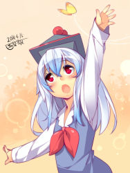 Rule 34 | 1girl, arm up, blush, bug, butterfly, hat, bug, kamishirasawa keine, kokka han, long hair, long sleeves, open mouth, red eyes, silver hair, solo, touhou, aged down