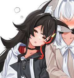 Rule 34 | animal ear fluff, animal ears, black hair, blush, brown eyes, brown shirt, commentary request, daichi (daichi catcat), half-closed eyes, head on another&#039;s shoulder, highres, hololive, long hair, looking at viewer, multicolored hair, ookami mio, ookami mio (casual), parted lips, red hair, shirakami fubuki, shirakami fubuki (street), shirt, silver hair, simple background, sleepy, streaked hair, virtual youtuber, white background, wolf ears