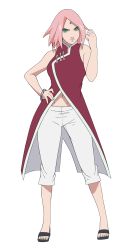 Rule 34 | 1girl, closed mouth, facial mark, forehead mark, full body, green eyes, hand on own hip, haruno sakura, highres, looking at viewer, midriff, naruto, naruto (series), pants, pink hair, sandals, short hair, simple background, solo, standing, toes