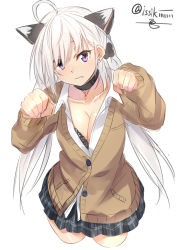 Rule 34 | 1girl, ahoge, animal ears, artist name, black bra, bra, breasts, buttons, cat ears, cat girl, checkered clothes, checkered skirt, cleavage, closed mouth, collarbone, copyright request, cropped legs, earrings, fang, female focus, isshiki (ffmania7), jacket, jewelry, large breasts, long hair, original, paw pose, pink eyes, pleated skirt, serious, shirt, simple background, skirt, solo, underwear, white background, white hair, white shirt