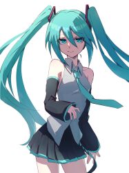 Rule 34 | 1girl, absurdres, aqua eyes, aqua hair, arm at side, bare shoulders, black skirt, breasts, closed mouth, collared shirt, cowboy shot, detached sleeves, hair between eyes, hand up, hatsune miku, highres, long hair, looking at viewer, miniskirt, necktie, pleated skirt, shirt, simple background, skirt, sleeveless, sleeveless shirt, small breasts, smile, solo, twintails, vocaloid, watou, white background, white shirt